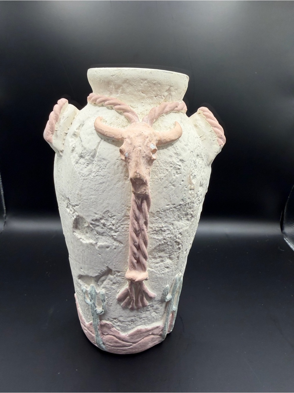 Southwestern Desert Vase Longhorn Steer Skull Cactus Textured Pottery Vase